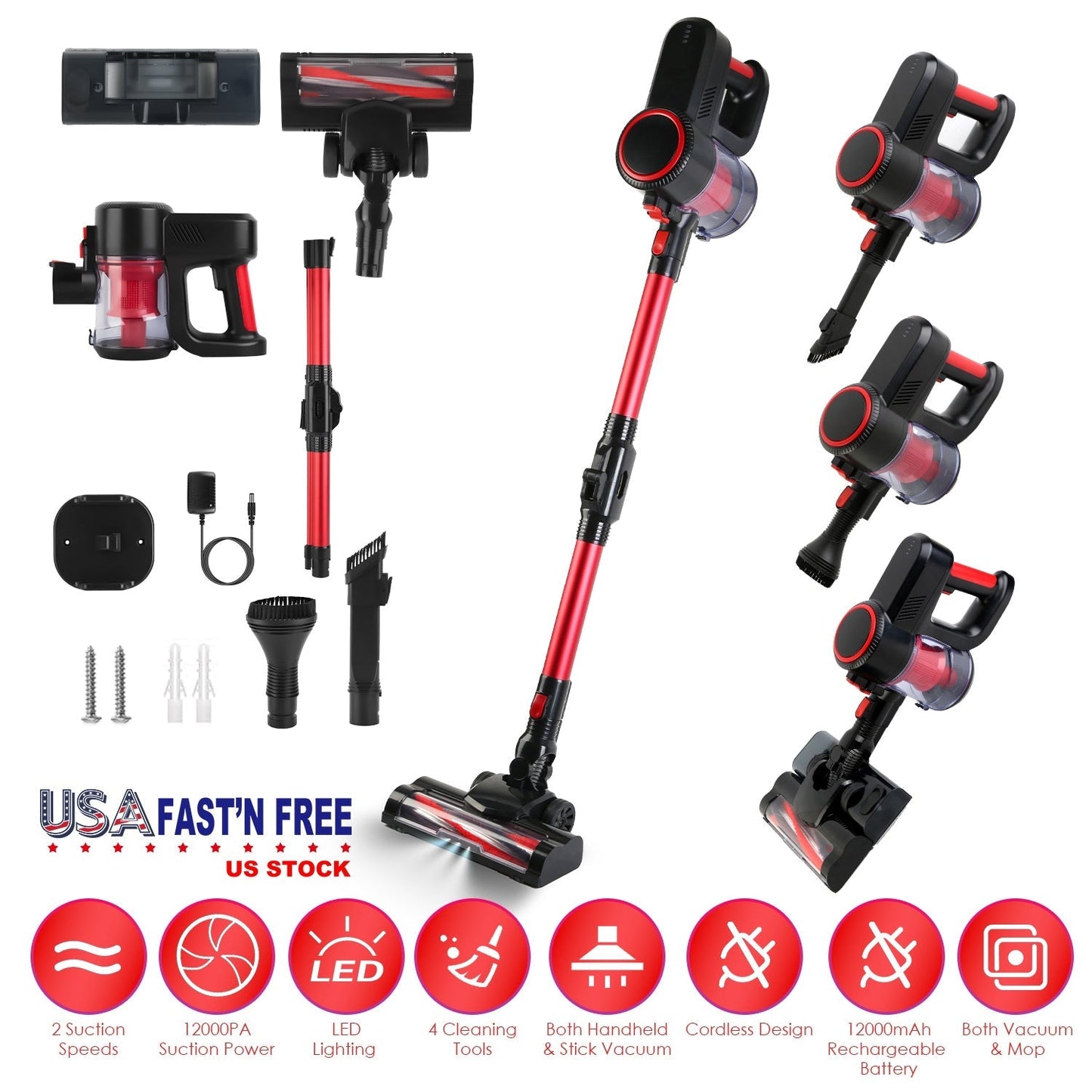 Cordless Vacuum Cleaner Lightweight Handheld Vacuum Upright Stick Floor Vacuum Battery Powered Mop with Lighting 2 Speeds 12000PA Suction 4 Tools Moun