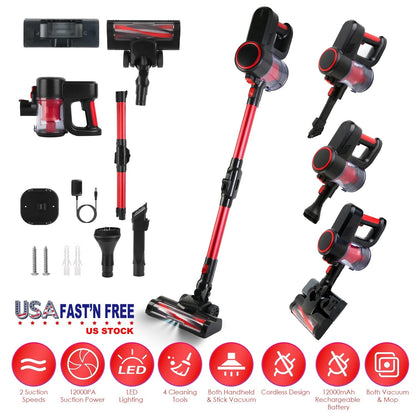 Cordless Vacuum Cleaner Lightweight Handheld Vacuum Upright Stick Floor Vacuum Battery Powered Mop with Lighting 2 Speeds 12000PA Suction 4 Tools Moun