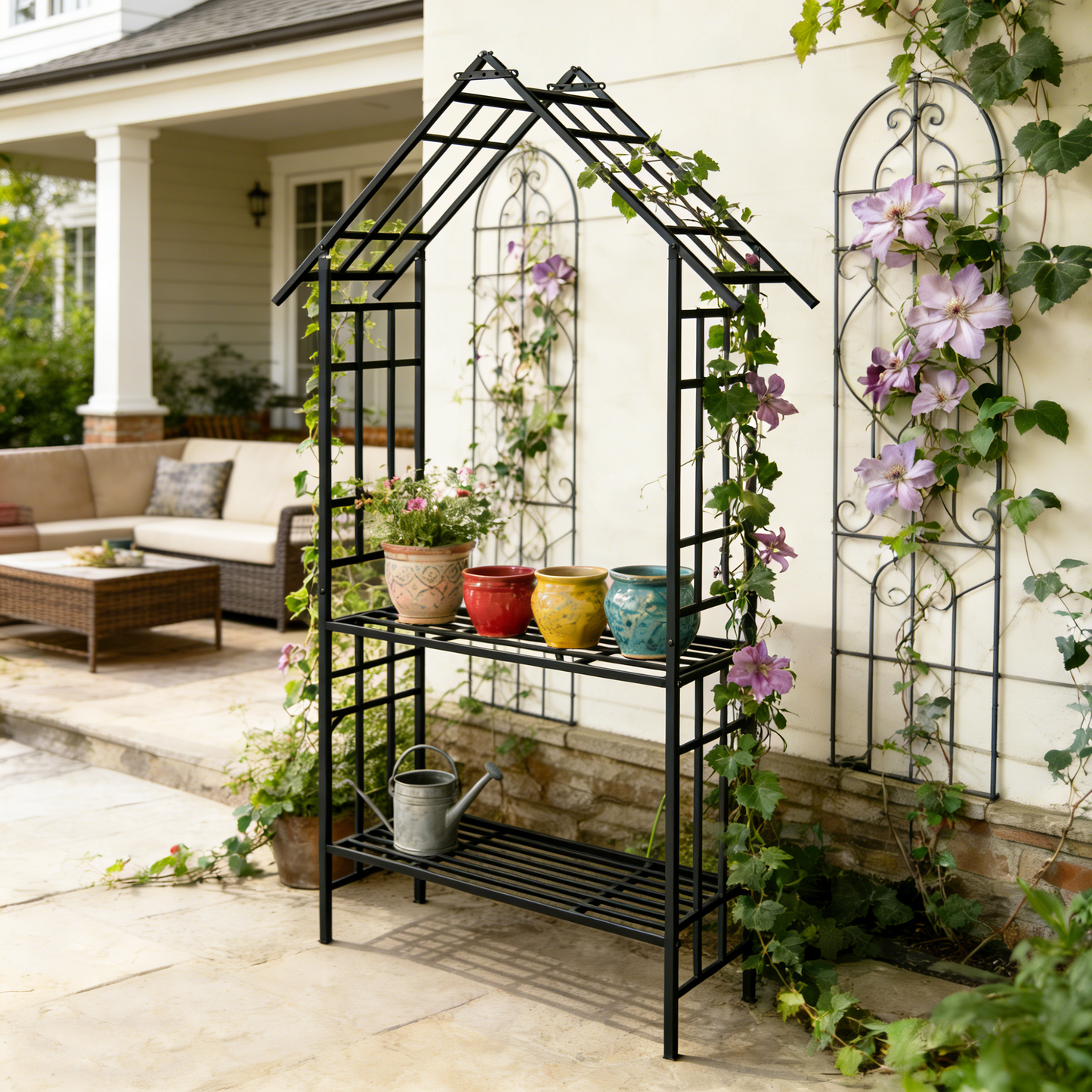 Metal Garden Arch with Bench Turned into Flower Stand