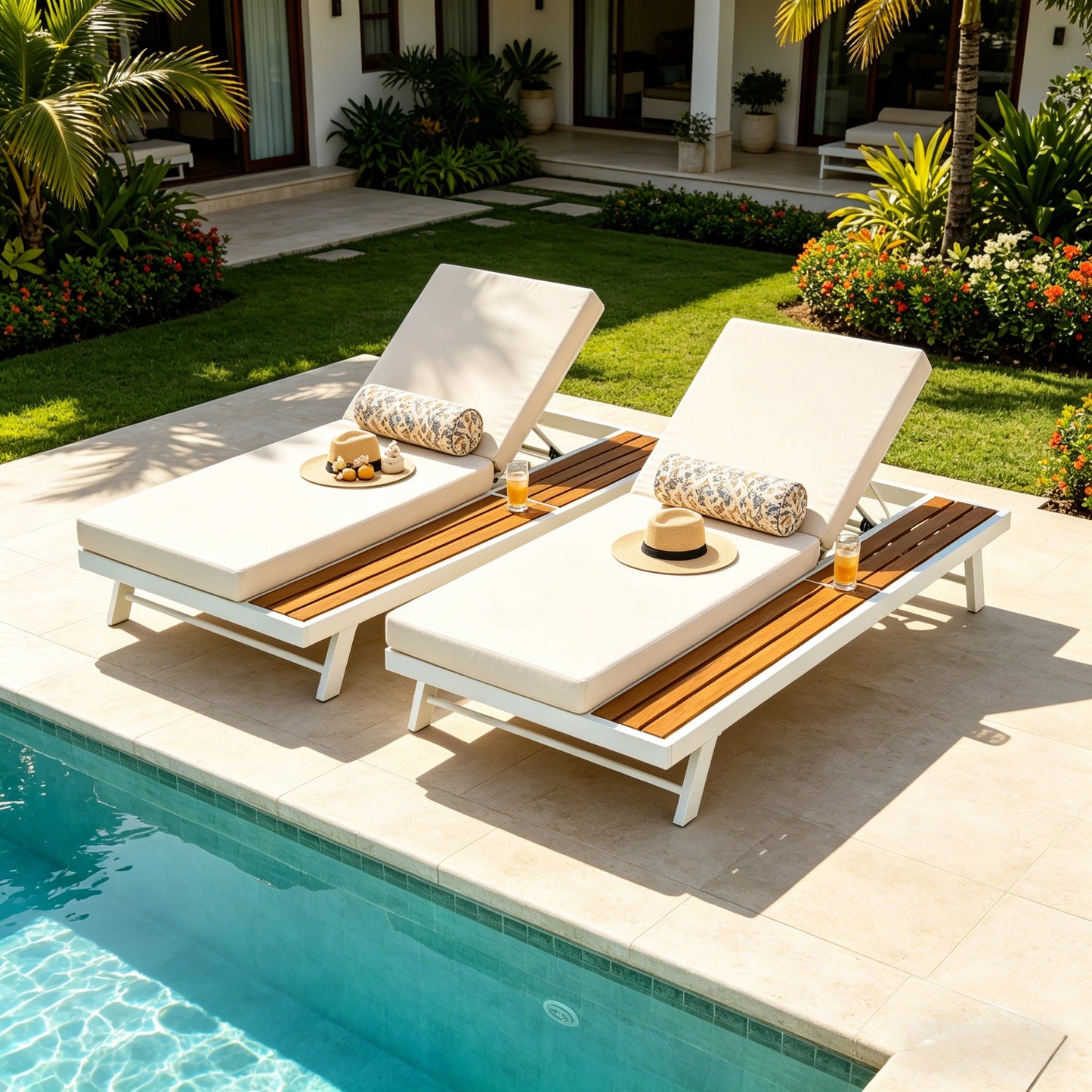 White Iron and Teak Finish Chaise Lounge Set with Cream Cushion
