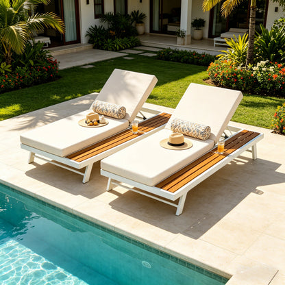 White Iron and Teak Finish Chaise Lounge Set with Cream Cushion