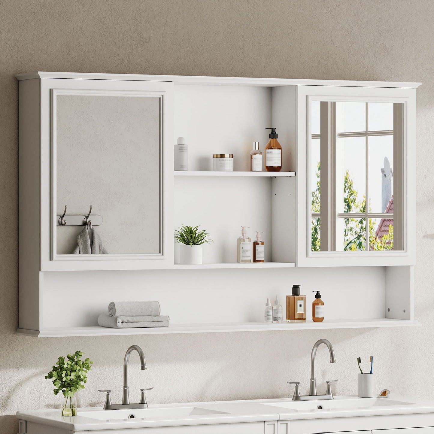 Wall Mounted Bathroom Medicine Cabinet With Double Mirrored Doors