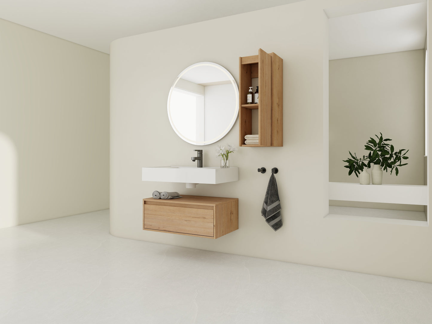 30-Inch Wall-Mounted Bathroom Vanity with Resin Sink and Side Cabinet