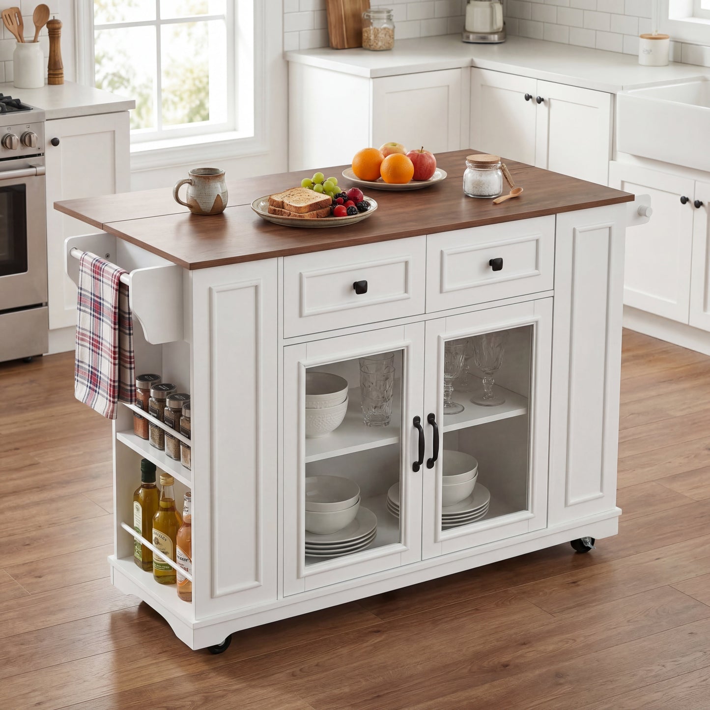 54" Mobile Kitchen Island with Glass Door Storage, Power Outlet & Rolling Cart