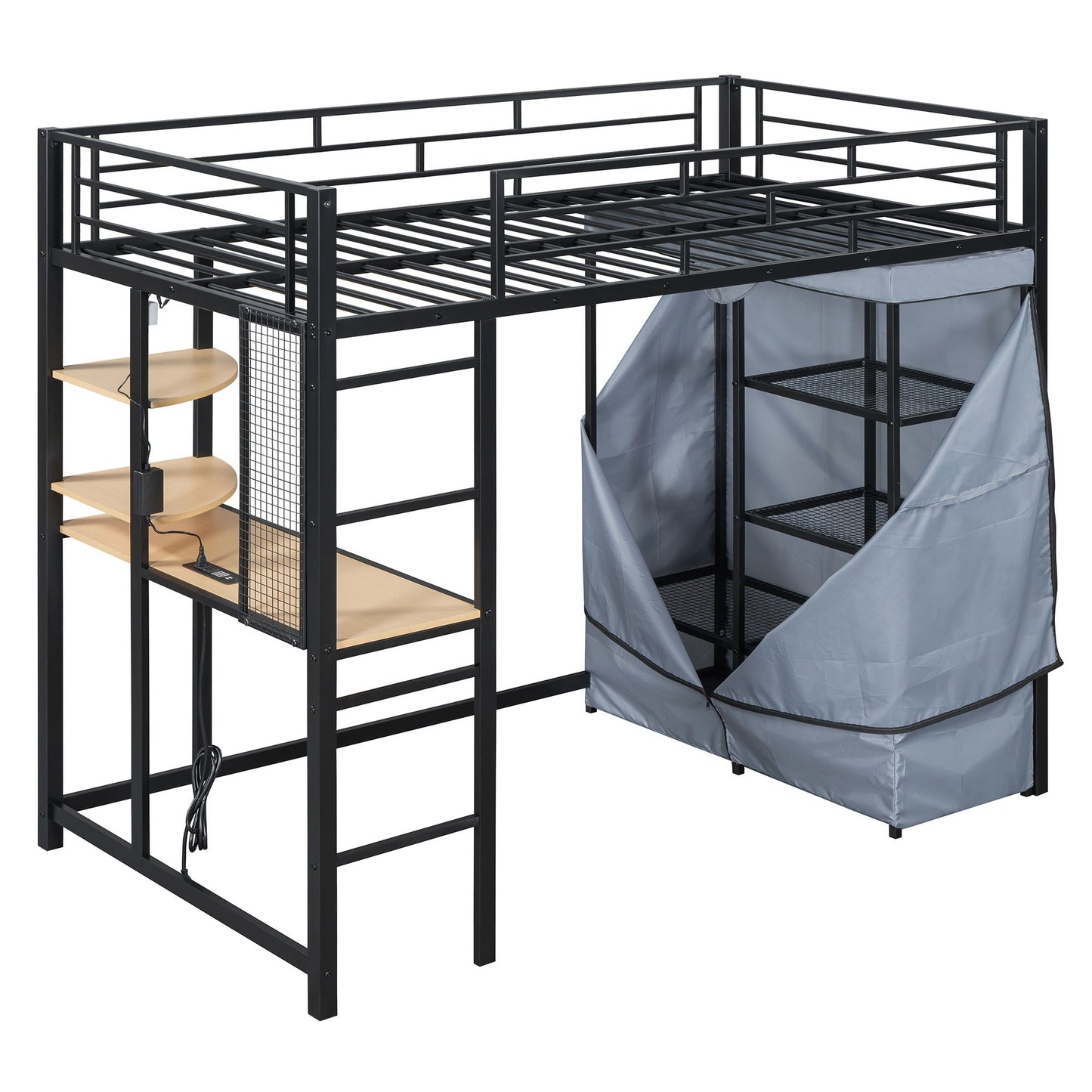 Loft Bed With Desk, Shelves, Power Outlet, LED Light And Wardrobe