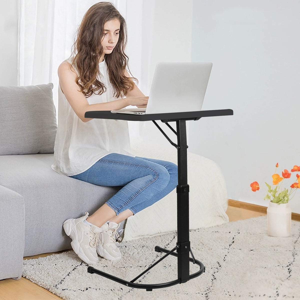 Folding Tray Table Portable Sofa TV Tray Laptop Desk C Side Adjustable Eating Dinner Coffee Table with 3 Adjustable Heights 3 Angles 55lbs Load Bearin