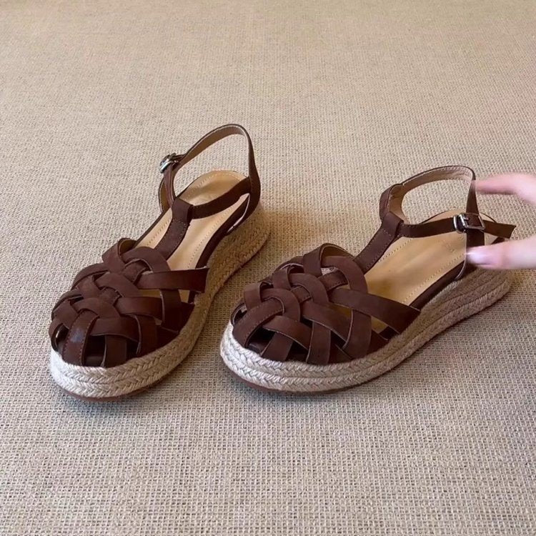 Woven Linen Casual Ethnic Vintage Chic Sporty Sandals With A Comfortable Thick Wedge Sole