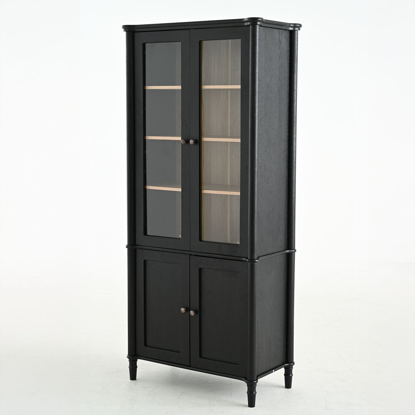 Vintage Display Cabinet With Double Glass Doors, Traditional Style For Collectibles, Ash Wood Veneer, 73.25" Tall - Black / Natural