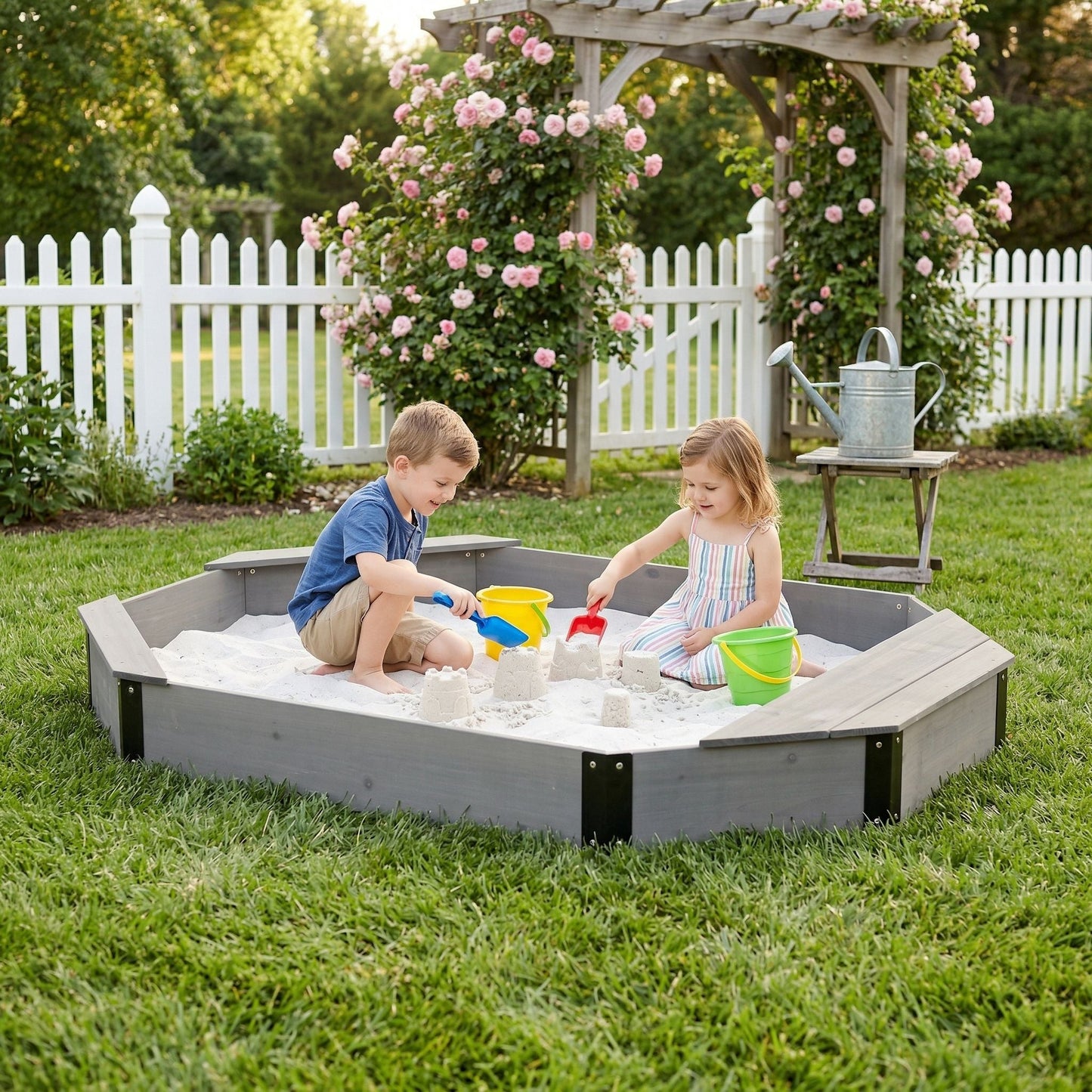 Octagon Sandbox With Storage, Sandpit With Cover And Liner For Backyard