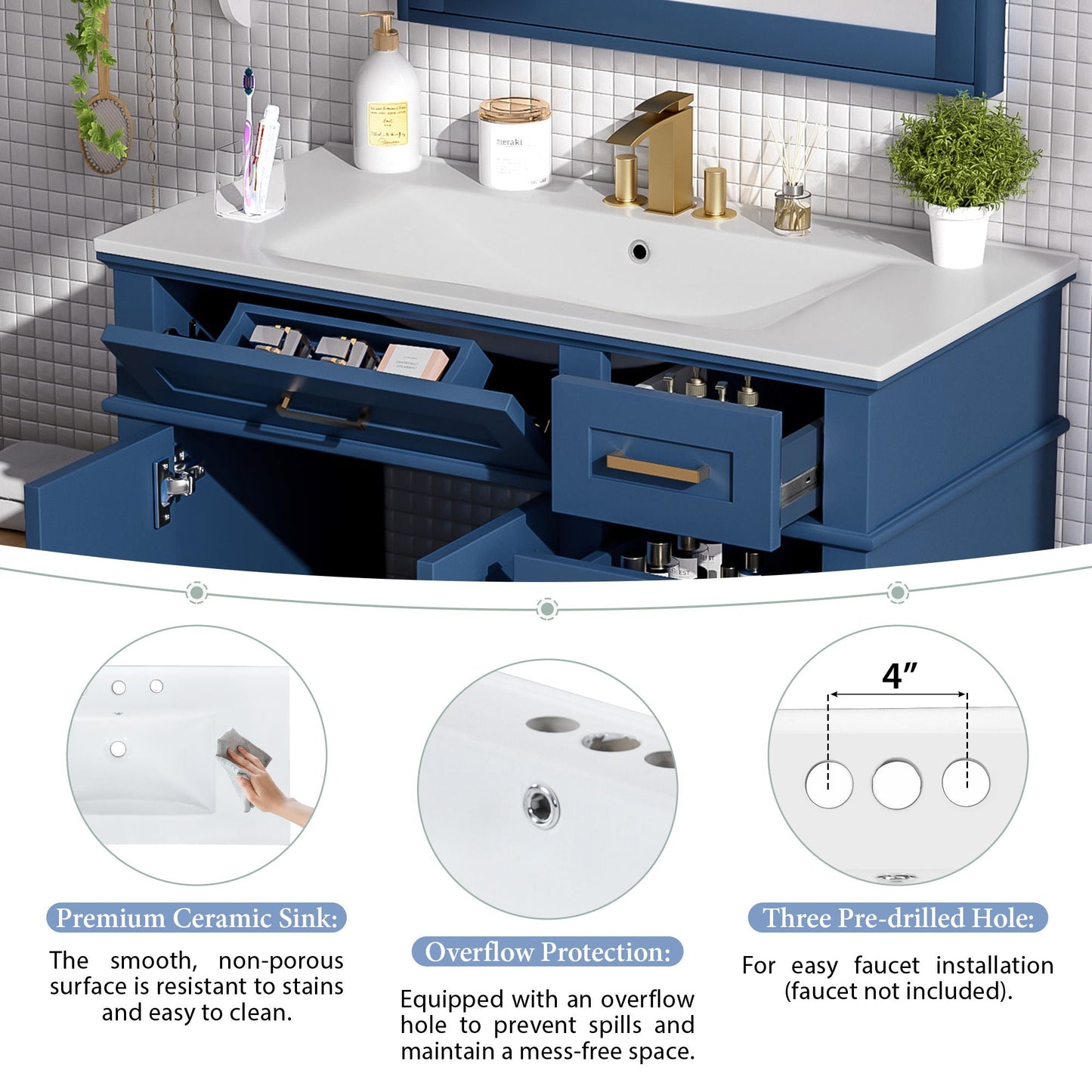 Bathroom Vanity With Ceramic Sink, Soft-Close Doors, 4 Storage Drawers - Blue