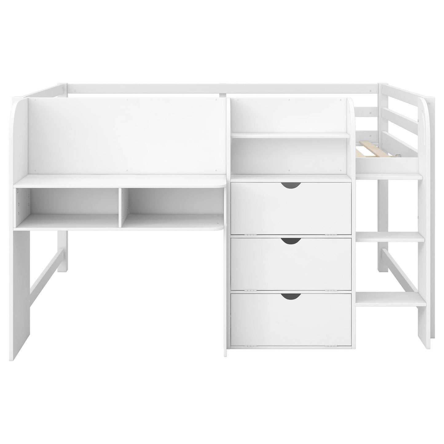 Low Loft Bed With Built In Desk, Storage Cabinets, Open Bookcase And Doodle board