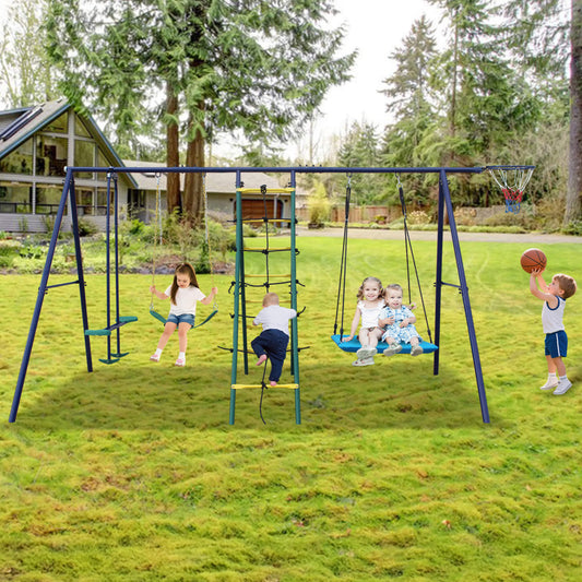 6-In-1 Outdoor Swing Set With Climbing Ladder Net And Basketball Hoop (SAK98152)