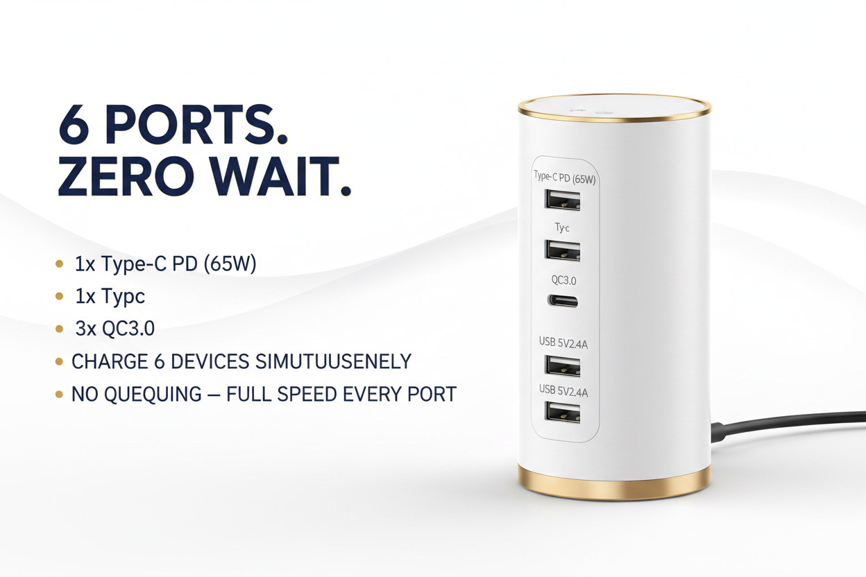 6-Port Cylindrical Fast Charger Hub | 65W USB-C PD & QC3.0 Multi-Device Desktop Charging Station – White