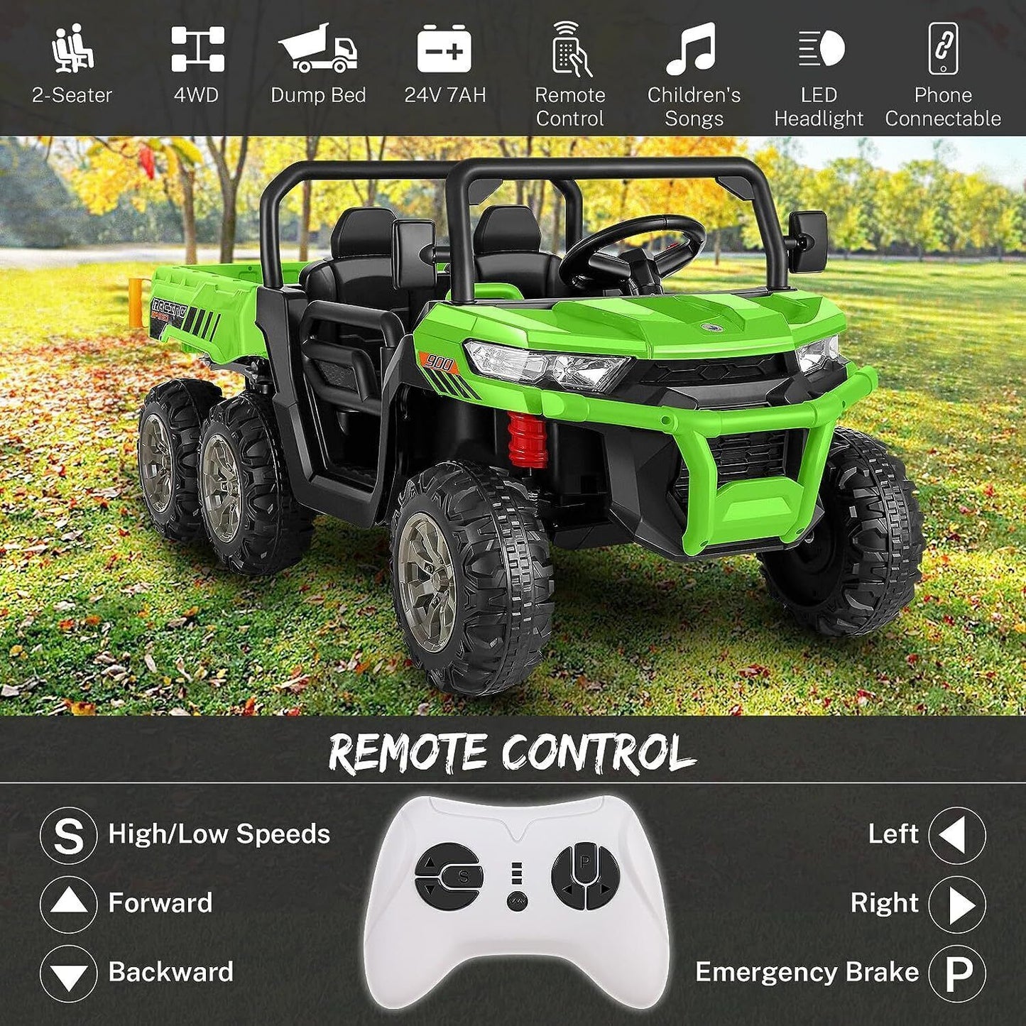 6-Wheel 2-Seat Dump Truck Ride-On Toy with 24V Battery Power for Kids