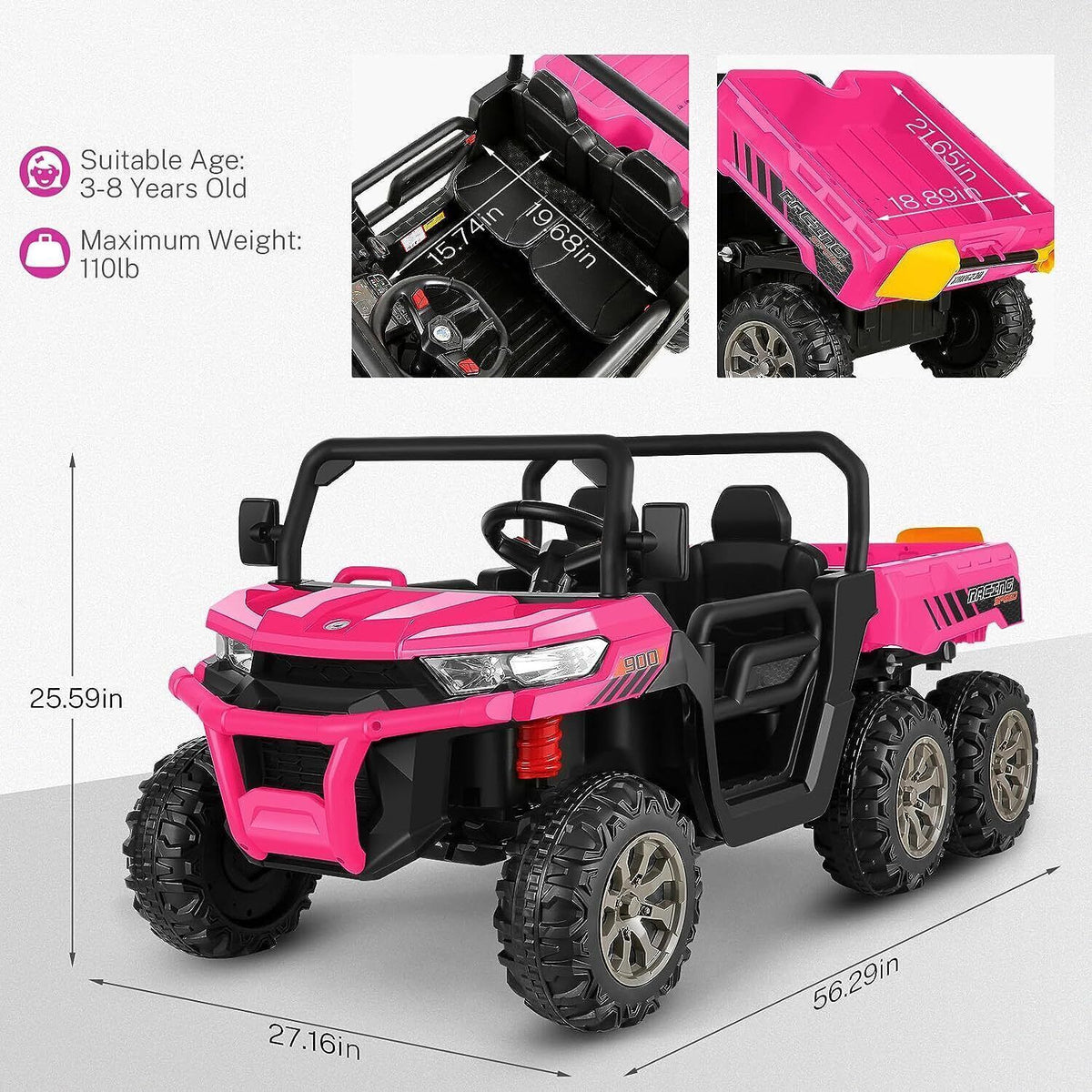 6-Wheel 2-Seat Dump Truck Ride-On Toy with 24V Battery Power for Kids