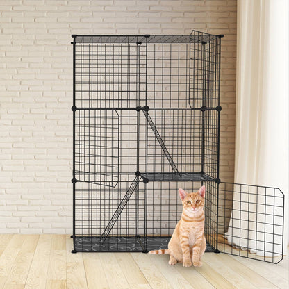 3 Tier Cat Playpen Cage Metal Indoor Cat House Detachable Kitten House with 3 Doors 2 Ladders Large Cat Exercise Place for 1-2 Cats Black