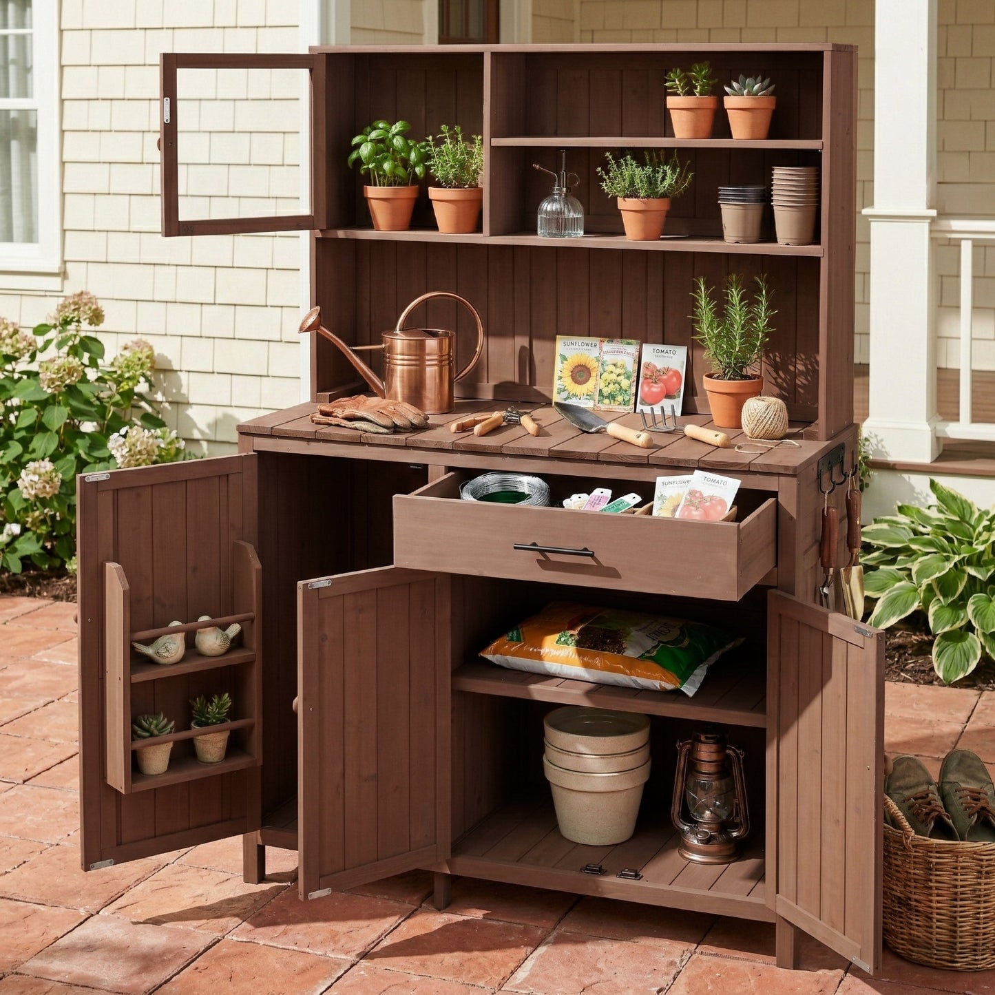 TOPAMX Potting Bench with Hutch, Solid Fir Wood Garden Workstation