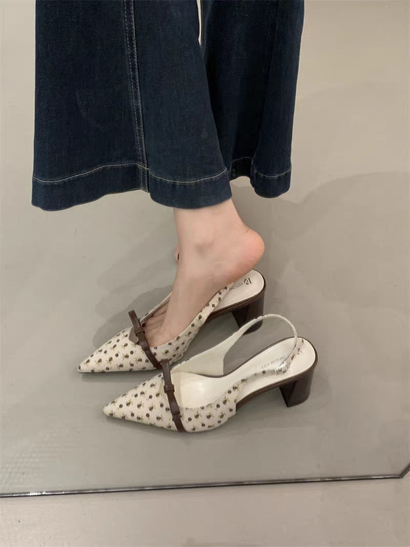 Apricot Bow Polka Dot Pointed Toe Block Heel Sandals, Elegant Gentle Style Women Closed Toe High Heels