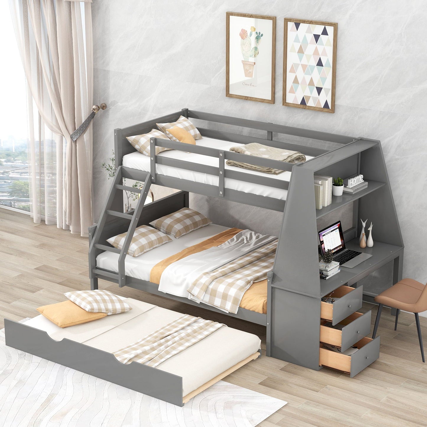 Bunk Bed With Trundle And Built In Desk, 3 Storage Drawers And Shelf