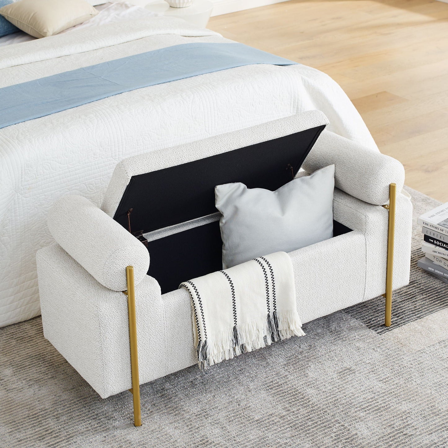 Elegant Upholstered Storage Bench With Cylindrical Arms And Iron Legs,