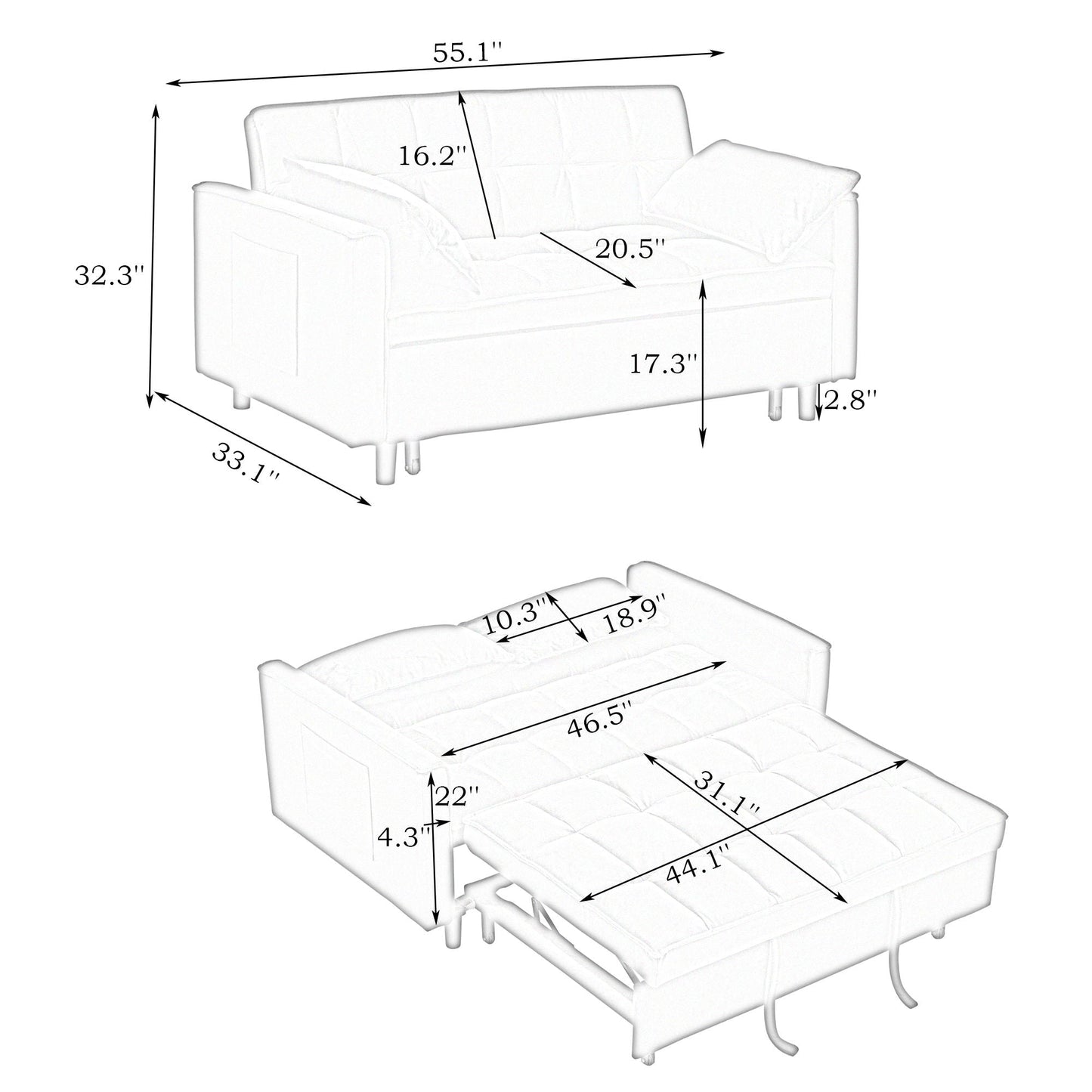 Sofa Bed With Pockets, 3 In 1 Convertible For Living Room