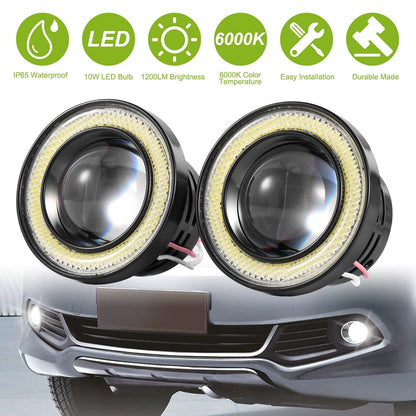 2 Pcs 2.5"Auto COB LED Fog Light 1200LM 6000k White IP65 Waterproof Halo Angel Eye Ring Bulb Lamp Driving DRL 12V