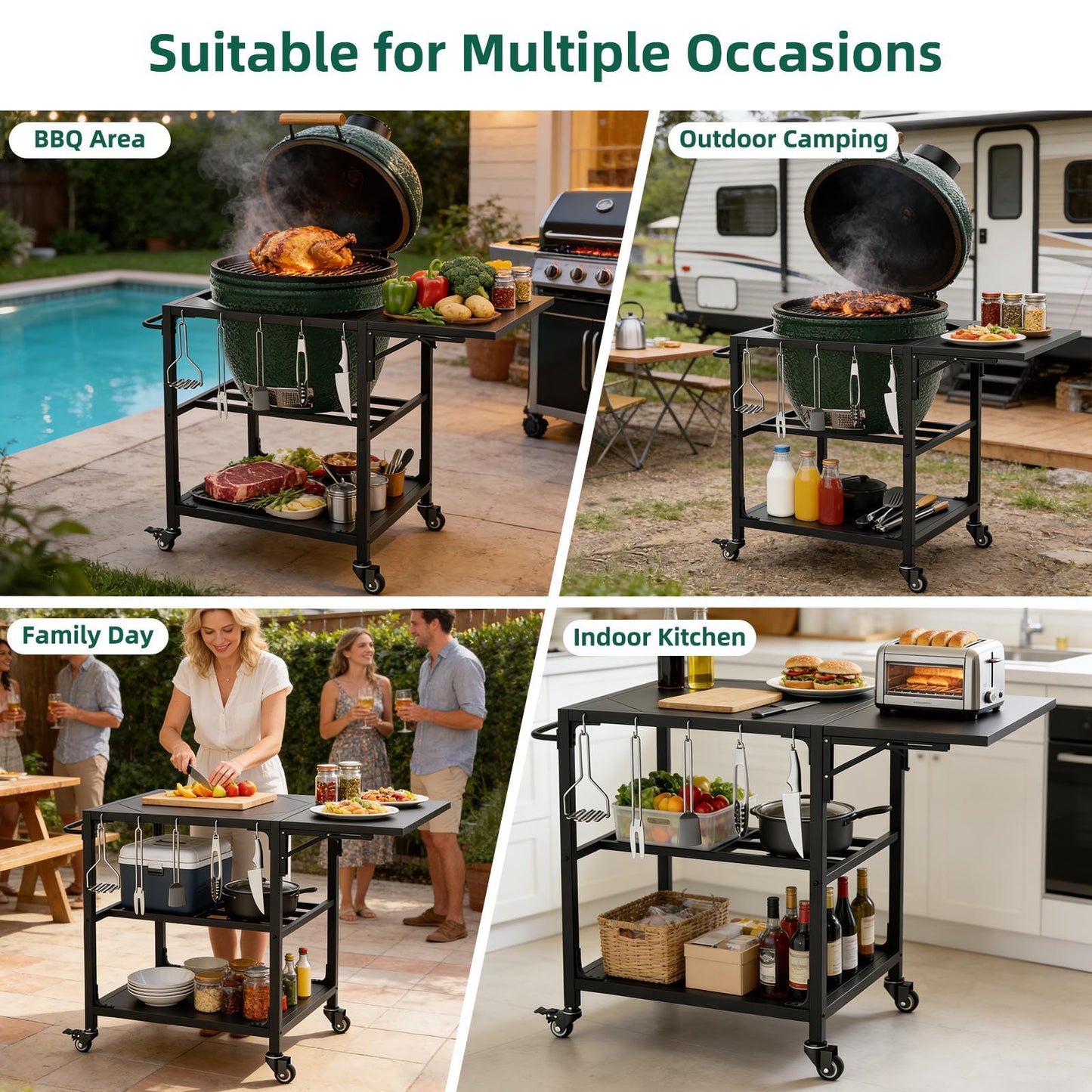 Outdoor Grill Table, Prep Cart With Wheels, Storage Shelf And Hooks - Black