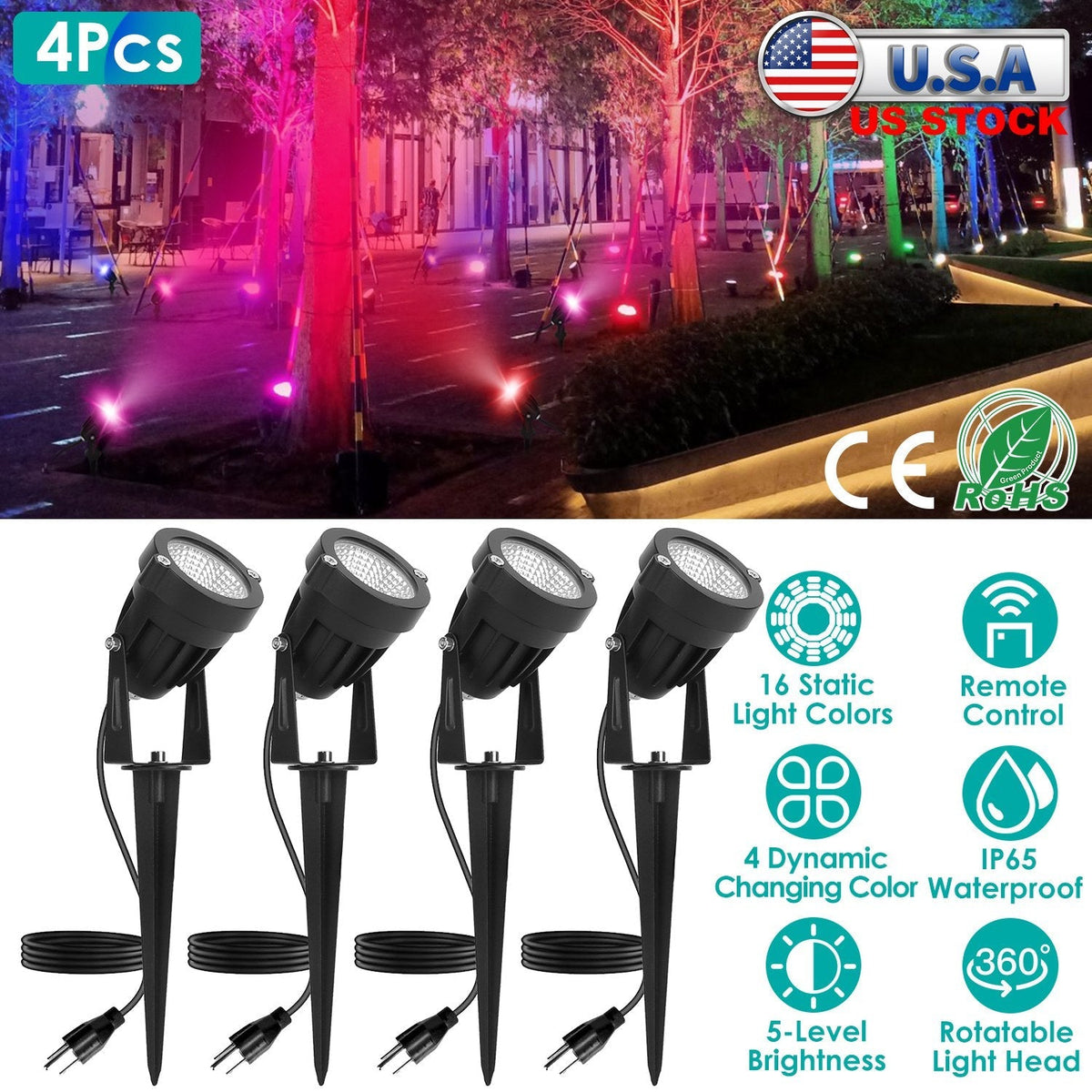 4Pcs Landscape Lights Color Changing Landscape Spotlight IP65 Waterproof RGBW LED Colorful Stake Light with Remote Control 16 Color 4 Dynamic Light Mo