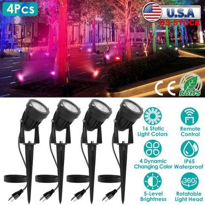 4Pcs Landscape Lights Color Changing Landscape Spotlight IP65 Waterproof RGBW LED Colorful Stake Light with Remote Control 16 Color 4 Dynamic Light Mo