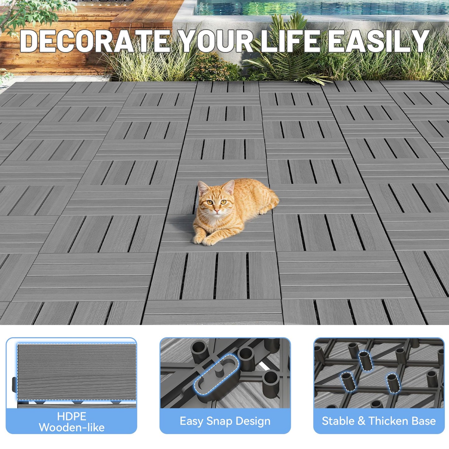 9 Pcs Interlocking Deck Tiles, 12" x 12" HDPE Outdoor Flooring
