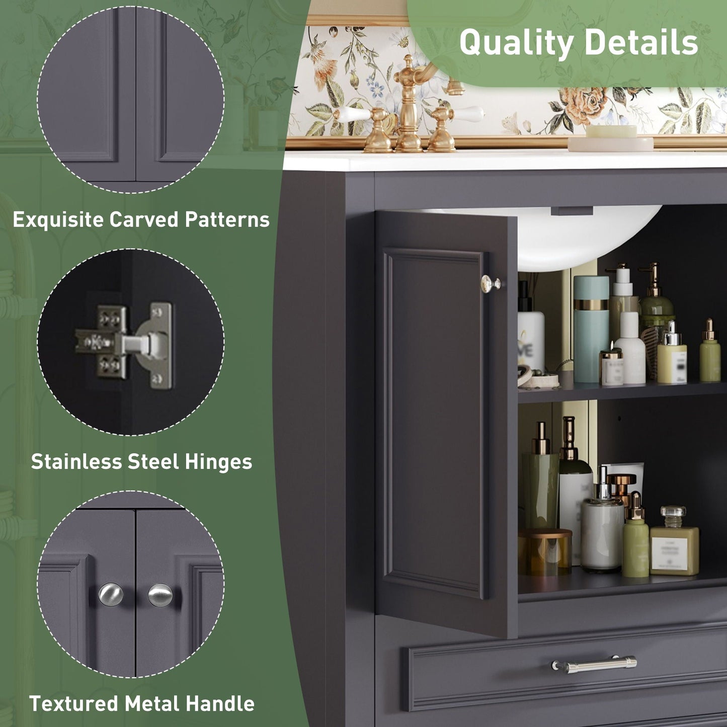 Bathroom Vanity With Sink, Cabinet & 2 Soft Closing Doors & Adjustable Shelf
