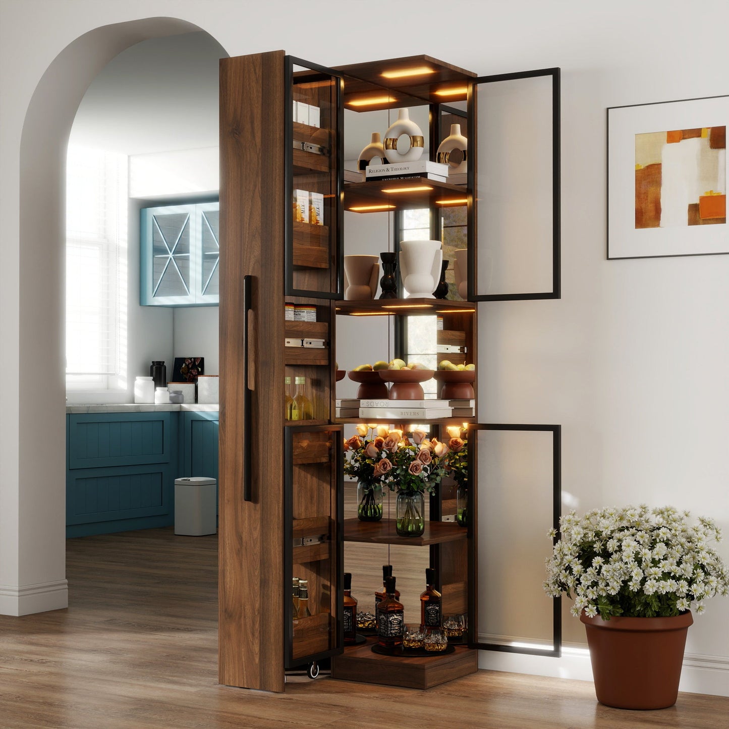 70" Display Cabinet with Glass Doors and Lights, Multi-Tier Storage