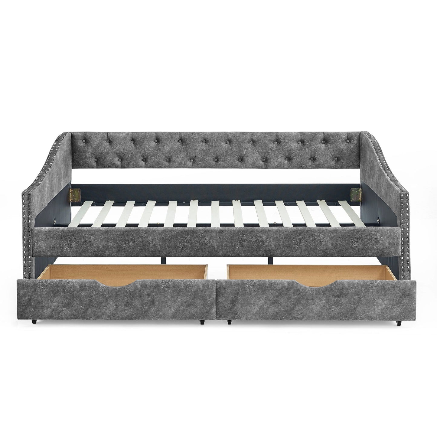 Upholstered Tufted Daybed With Drawers, Waved Arms