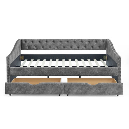 Upholstered Tufted Daybed With Drawers, Waved Arms