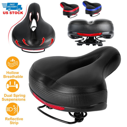 Bike Seat Water-Resistant Comfortable Bicycle Padded Saddle Wear Resistant Hollow Leather  _x000B__x000B_Seat Cushion w/ Dual Springs Reflective Strip for Mountai