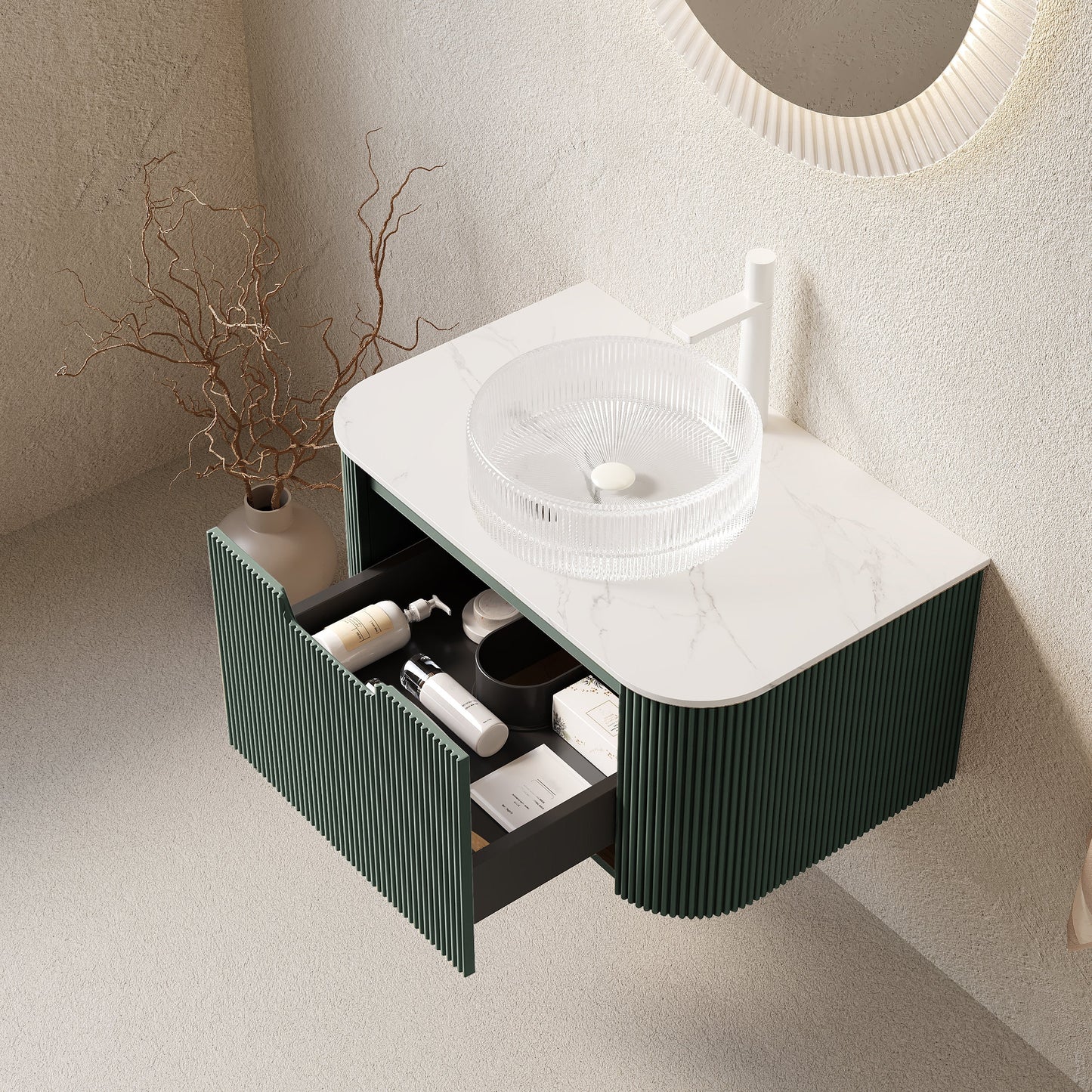 DINA 30" Bathroom Vanity with Floating Curved Edges and Crystal Glass Basin