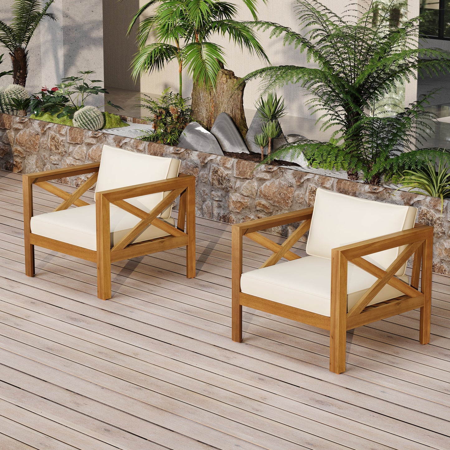 Outdoor Acacia Wood Club Wooden Armchair with Cushions (Set of 2)