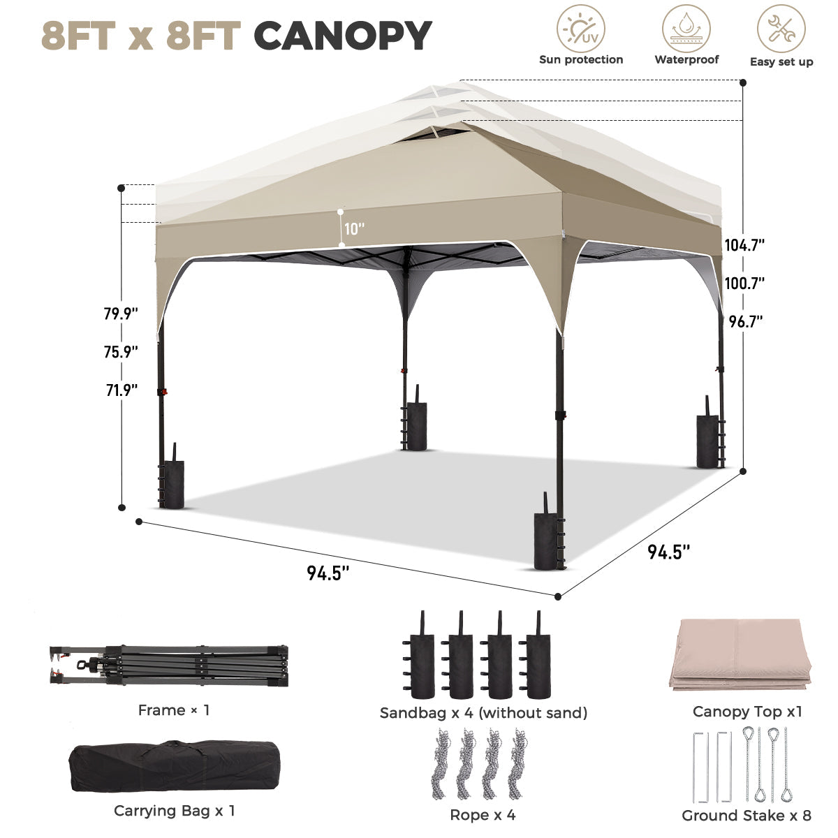 Ainfox 8ft x 8ft Pop Up Canopy Beach Tent with One Push Set up Easy Outdoor Sun Shade for Events, Parties, Camping