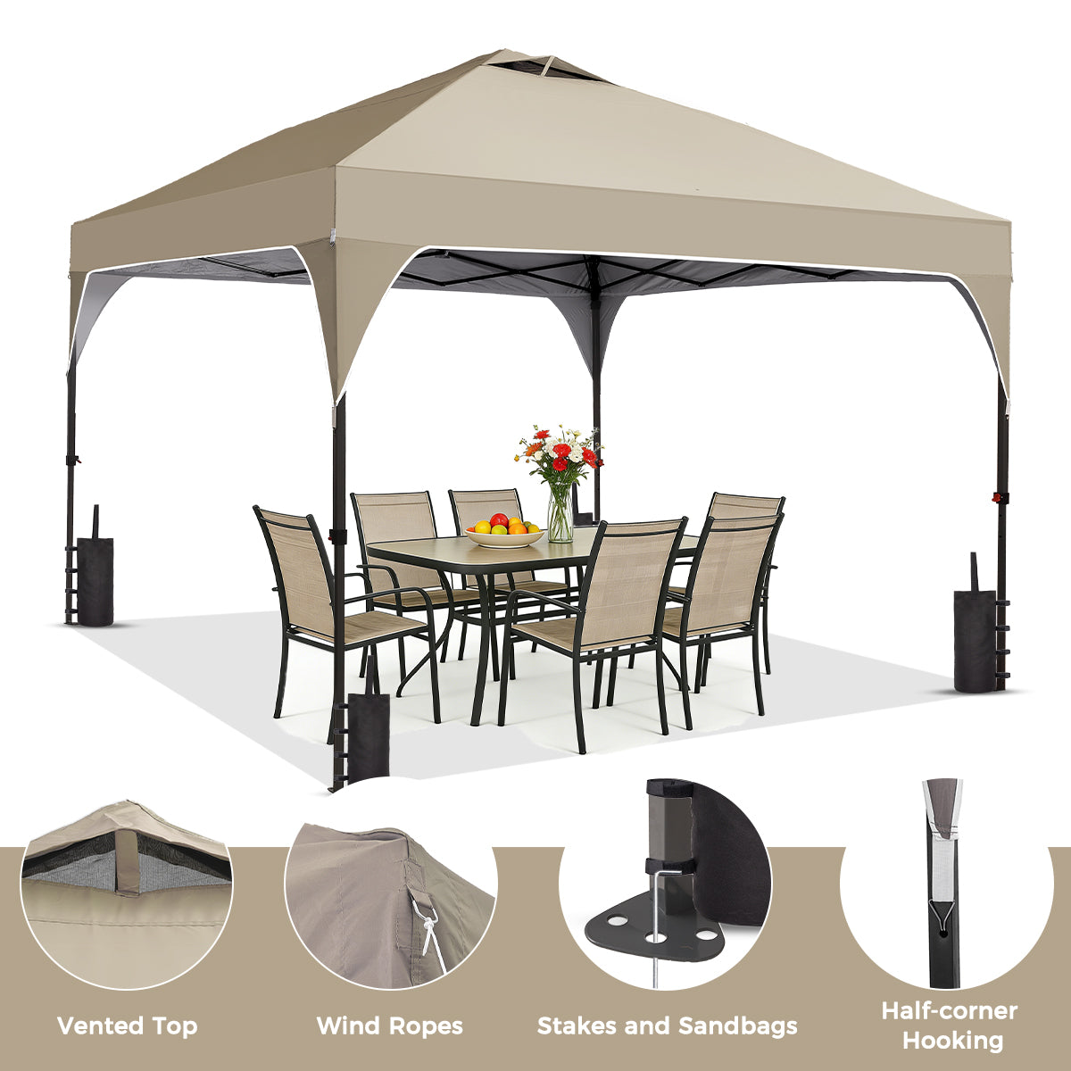 Ainfox 8ft x 8ft Pop Up Canopy Beach Tent with One Push Set up Easy Outdoor Sun Shade for Events, Parties, Camping