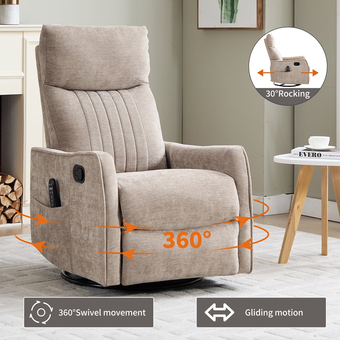 Khaki Heat Massage Manual Recliner Chair with Rocker and Swivel in Fabric for Living Room