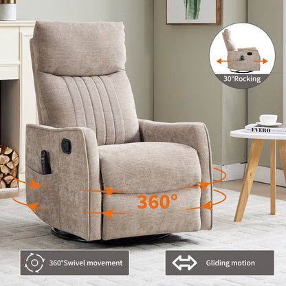 Khaki Heat Massage Manual Recliner Chair with Rocker and Swivel in Fabric for Living Room