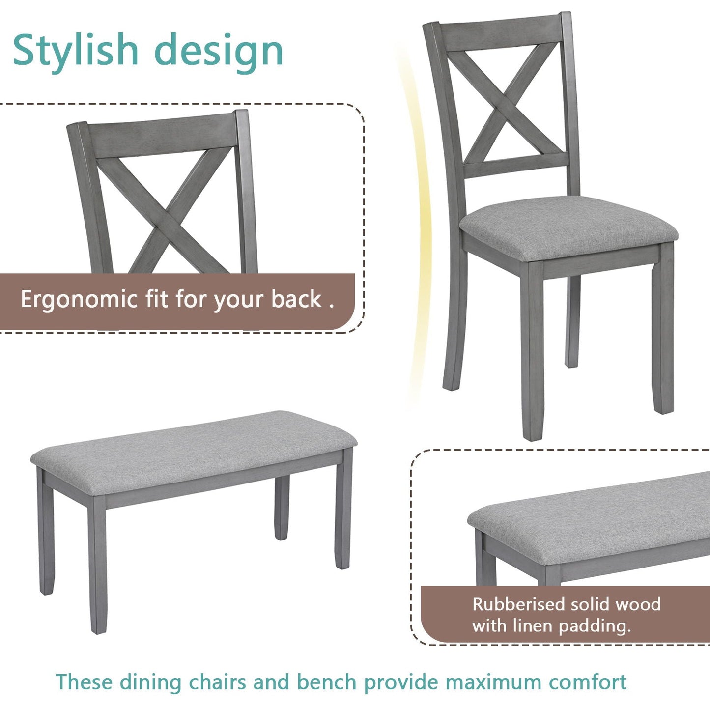 6 Pieces Kitchen Dining Set, Rectangular Wooden Dining Table With 4 Chairs And A Bench