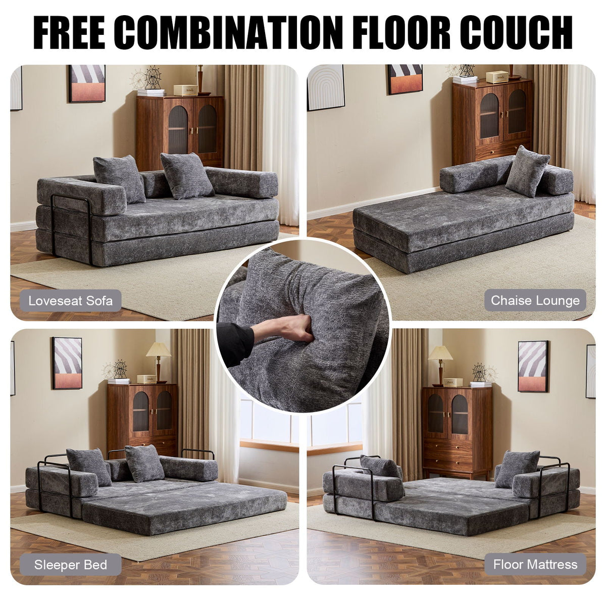Convertible Floor Sofa Bed With Pillow Back Support Armrest
