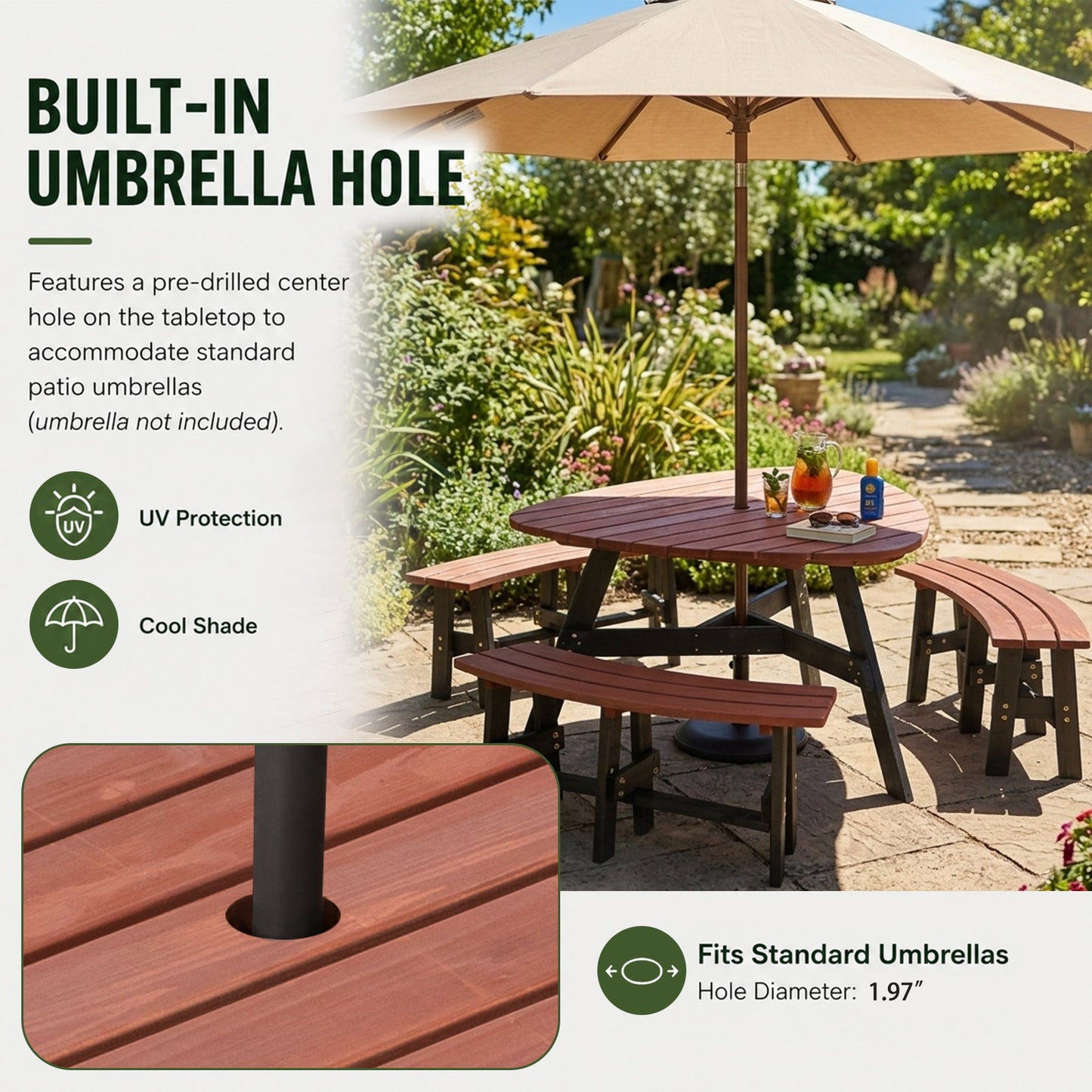 6-Person Semi-Circular Outdoor Solid Fir Wood Picnic Table Set, Rustic