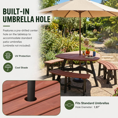 6-Person Semi-Circular Outdoor Solid Fir Wood Picnic Table Set, Rustic