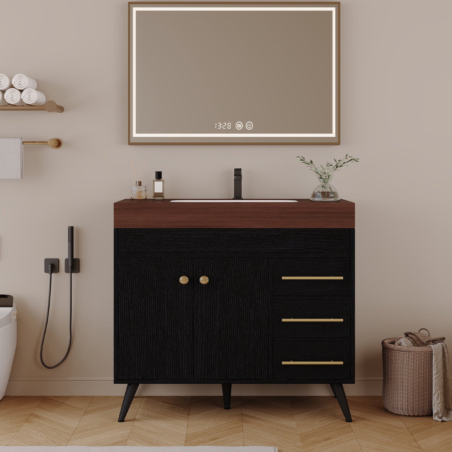36" Freestanding Bathroom Vanity with Ceramic Sink and Faux Marble Top
