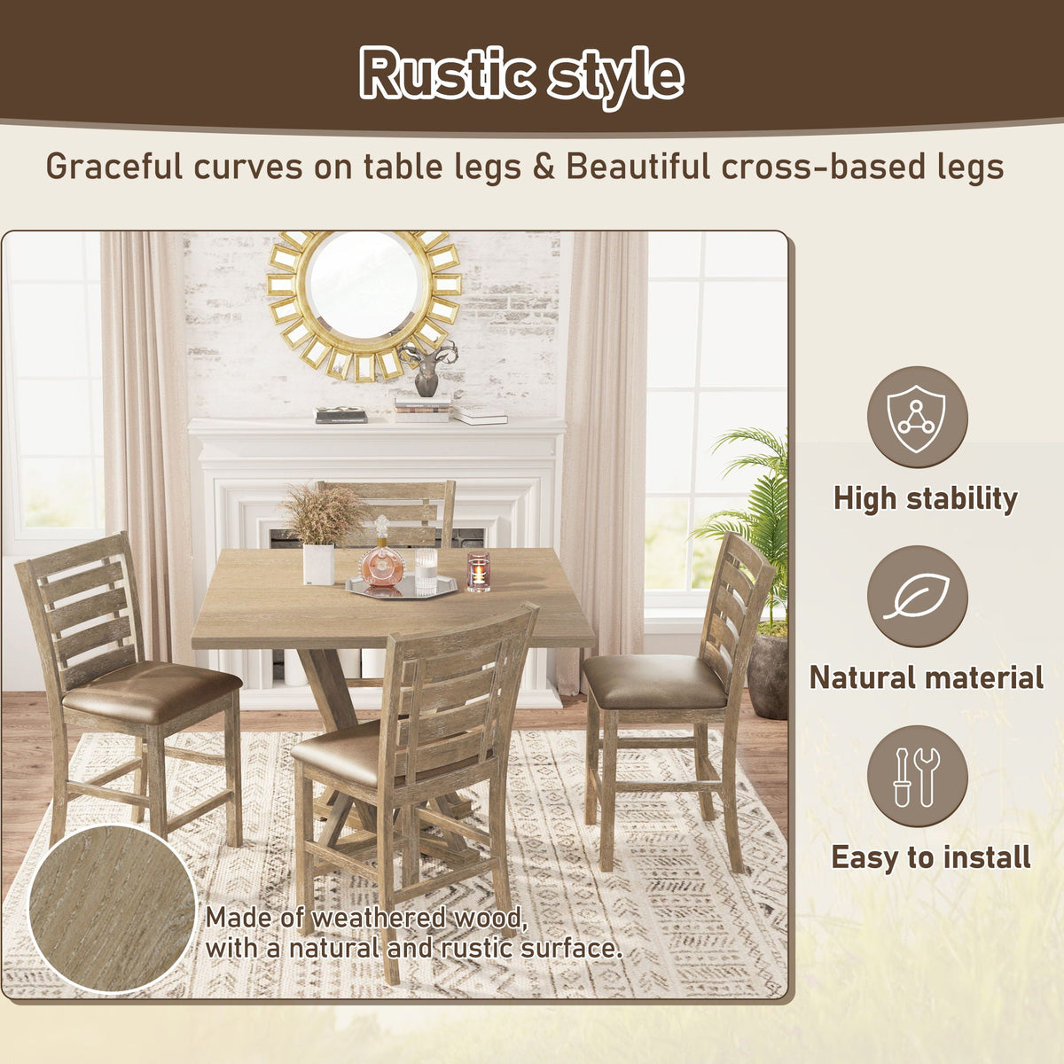 5 Pieces Set Counter Table Set Square Counter Table Solid Wood Modern Farmhouse Rustic Look Distressed Look - Grayish Brown