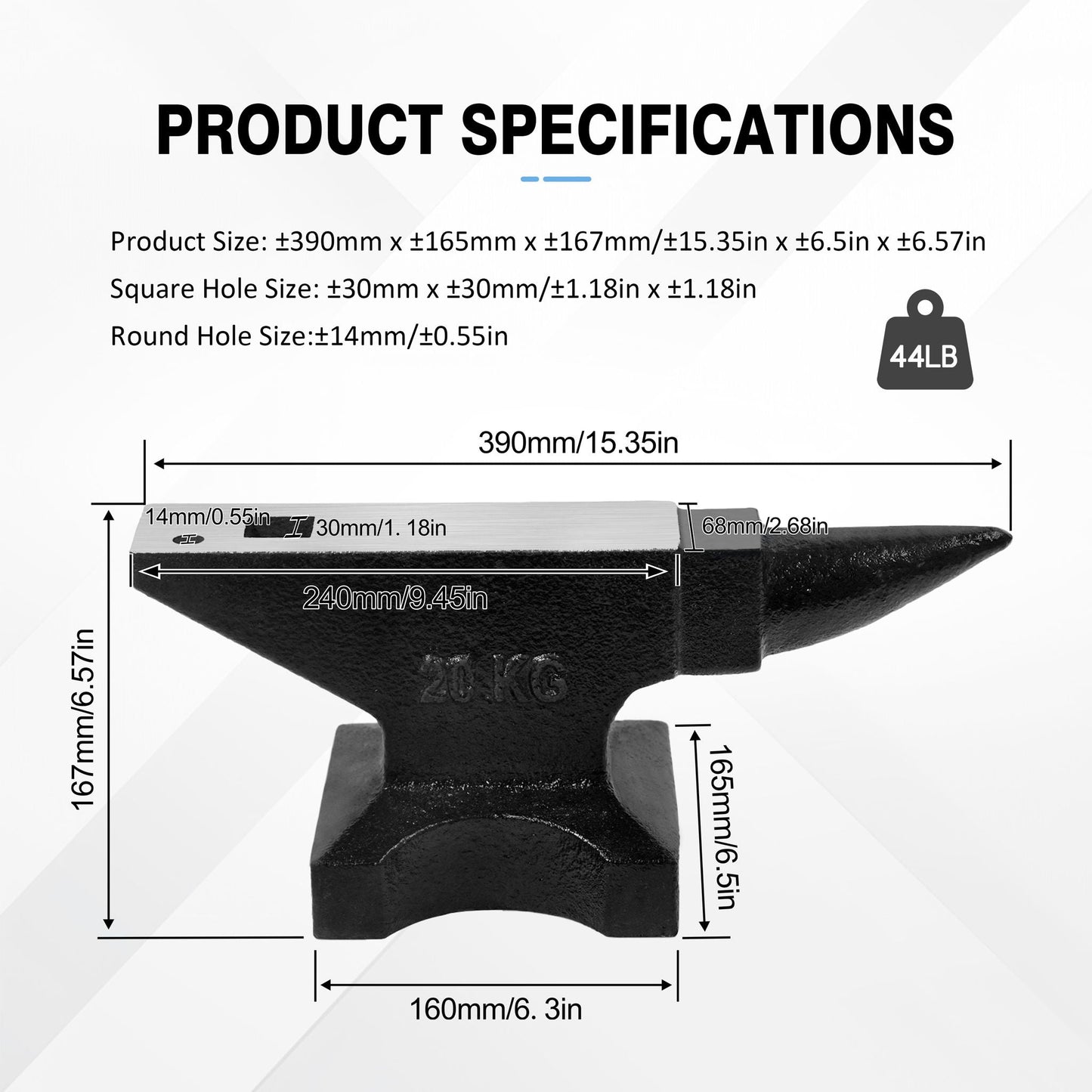 44 Lbs High Hardness Rugged Round Horn Anvil Blacksmith - Black
