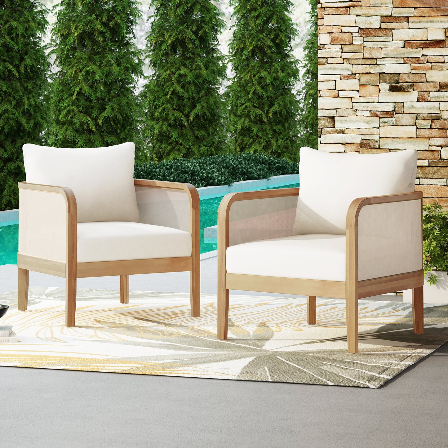 Set of 2 Outdoor Acacia Wood Patio Club Chairs