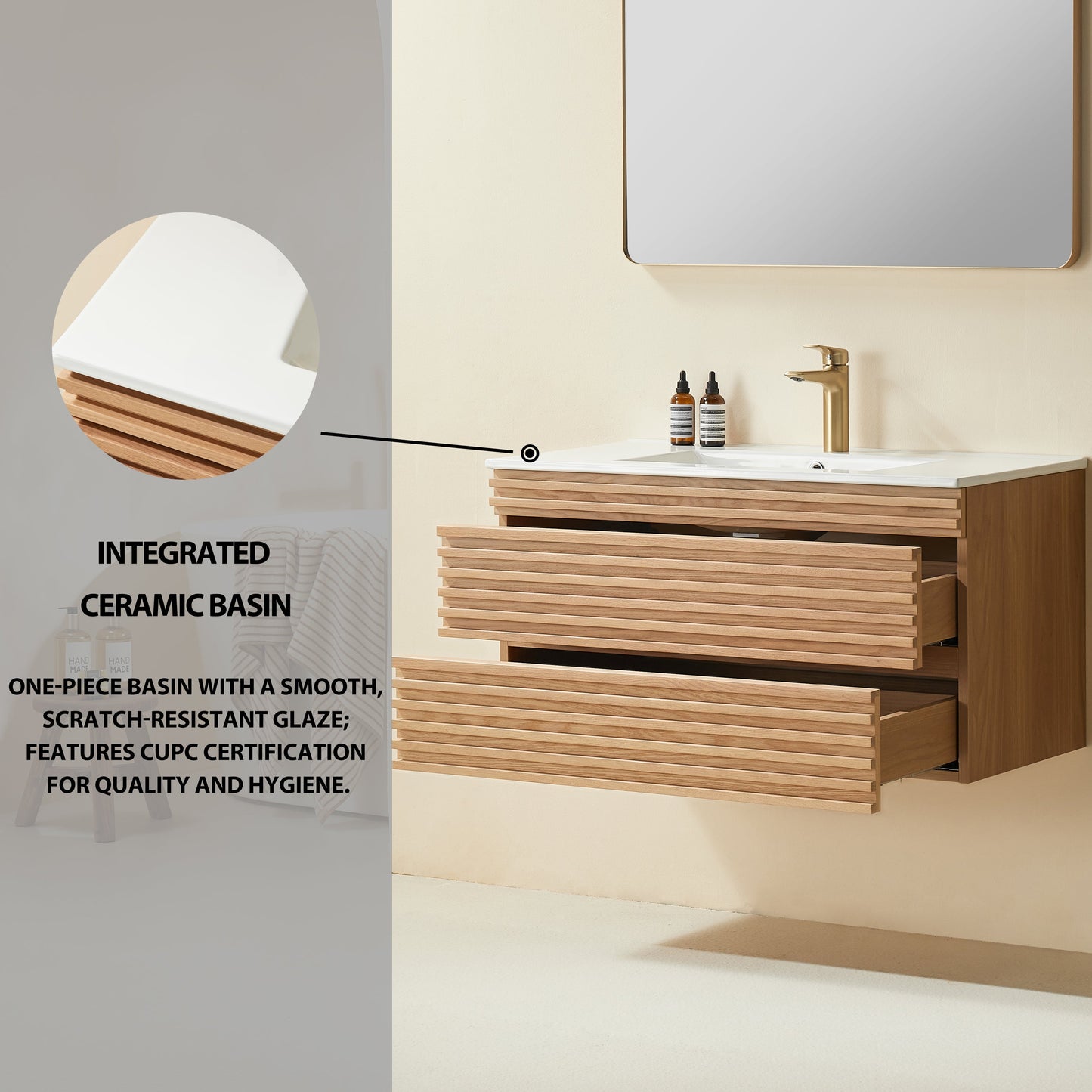 Pre-Assembled 36" Wall Mounted Floating Single Vanity Cabinet with Ceramic Top